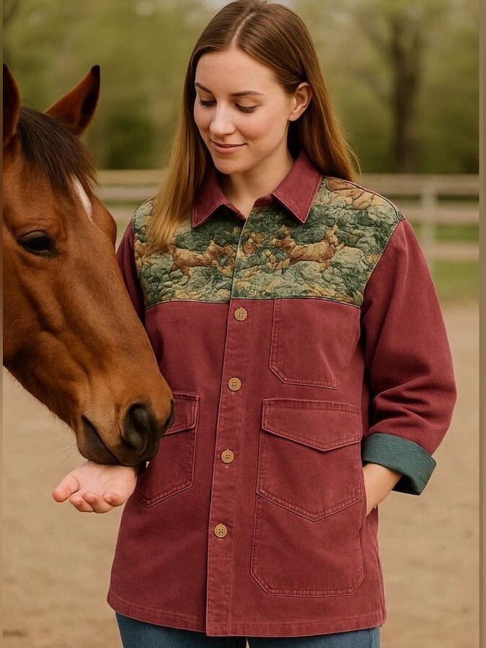 90s True Vintage chore barn coat Womens tapestry reversible burgundy green